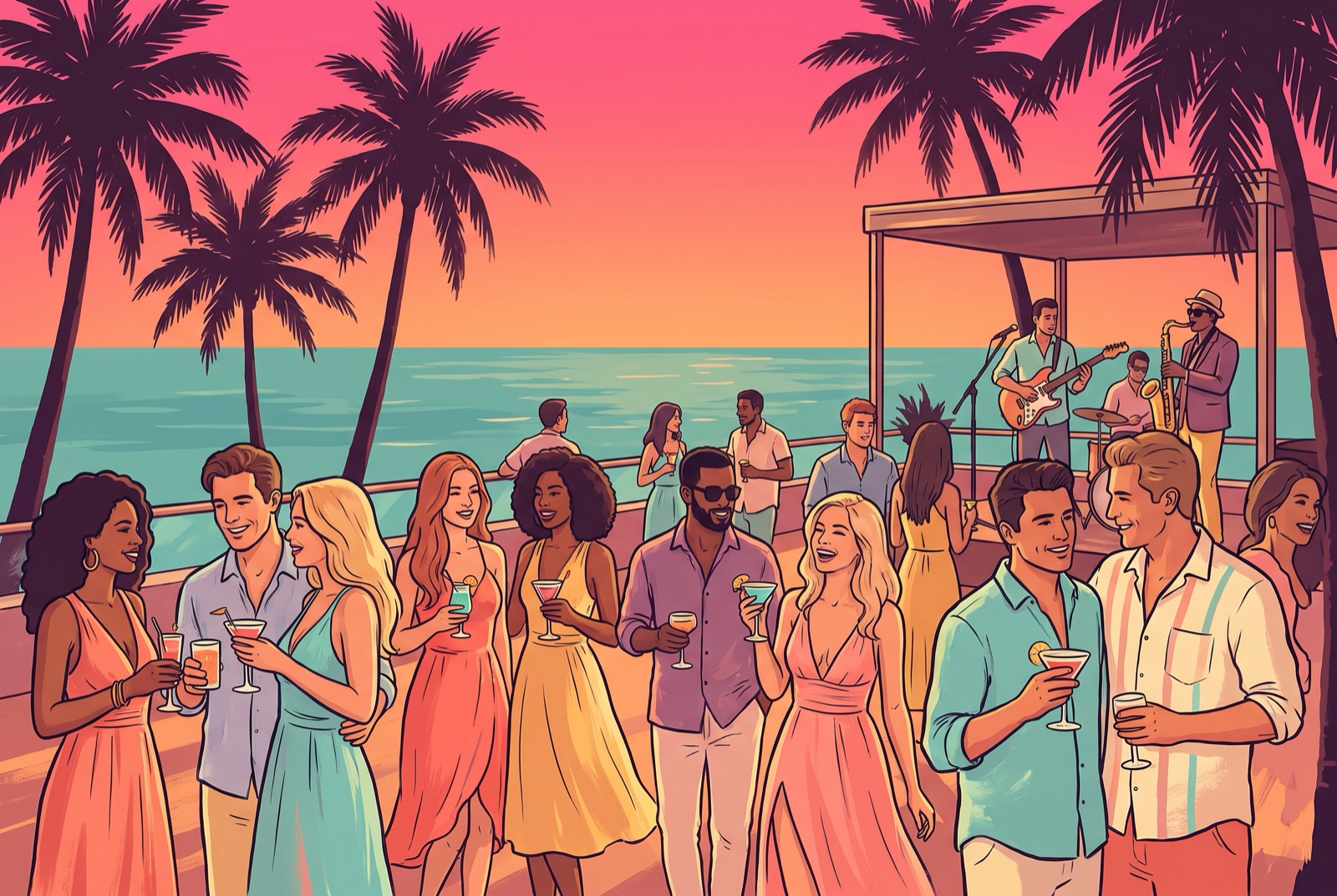 Crowd at golden hour on an Ibiza rooftop bar, illustrated
