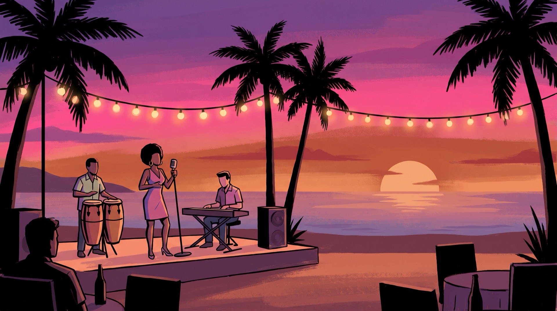 Live band on a seafront terrace at sunset