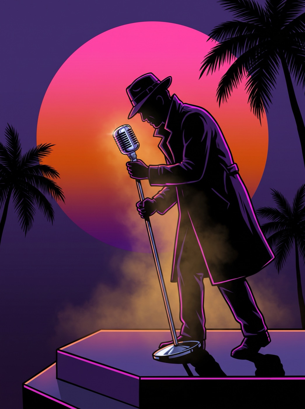 Silhouette of a mystery singer at a microphone against a pink sunset