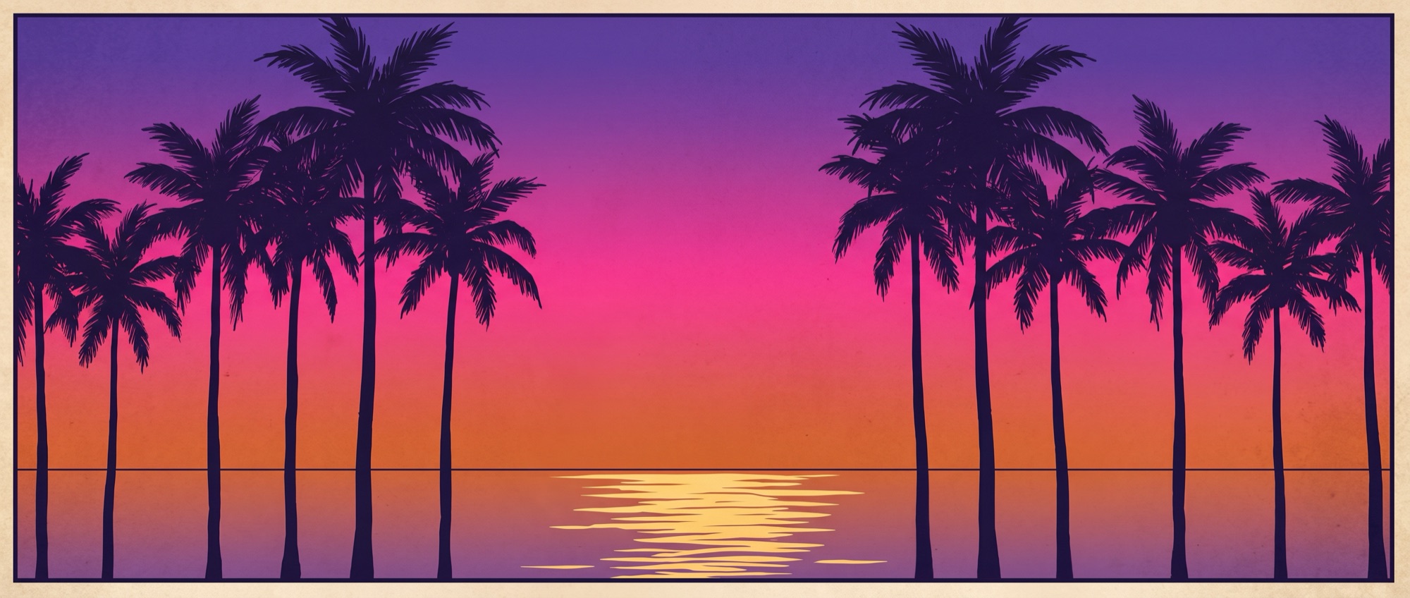 Palm silhouettes against a purple and orange dusk sky